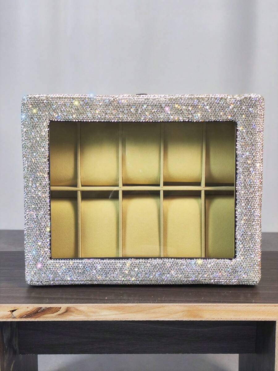 1pc Luxury Sparkling Artificial Rhinestone Watch Storage Box With Lid, Dust-Proof Large Capacity Display Case For Watches, Bracelets, Cosmetics, Men's & Women's Watches, Gift