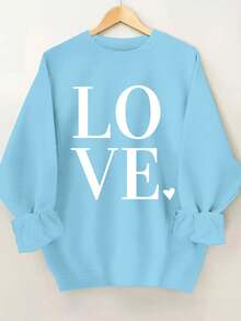 2026 New Year Cotton Sweatshirt Plus Size Love Print Sweatshirt, Casual Long Sleeve Round Neck Pullover Sweatshirt, Women's Plus Size Clothing Loose And Comfortable Winter Clothes For Women - 天藍色 - 查看 1