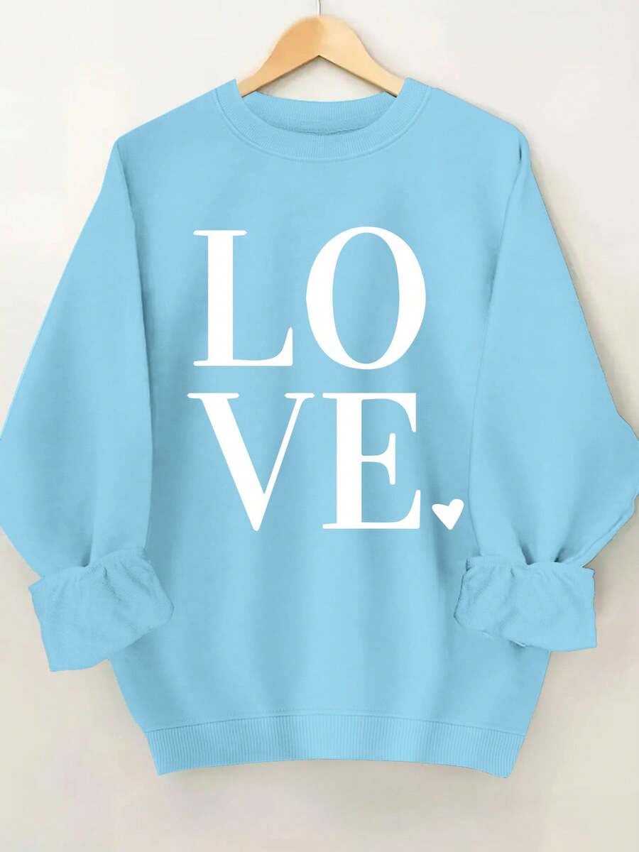 2026 New Year Cotton Sweatshirt Plus Size Love Print Sweatshirt, Casual Long Sleeve Round Neck Pullover Sweatshirt, Women's Plus Size Clothing Loose And Comfortable Winter Clothes For Women - 天藍色 - 查看 1