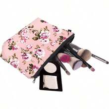 - Bolsa de maquillaje de viaje, bolsa pequea, regalo para mujeres, Corazn dorado cepillado, Casual - Flores de rubor rosa - Ver 5