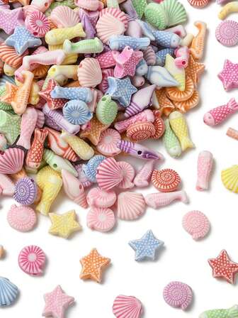 100 piezas de cuentas de acrílico de estilo artesanal con diseños aleatorios de peces, conchas marinas y estrellas de mar para hacer joyas, pulseras, collares y decoraciones de fiesta de playa