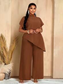 BIUBIU 大码女式纯色立领短袖不对称下摆上衣和直筒裤两件套 - 棕色 - 查看 1