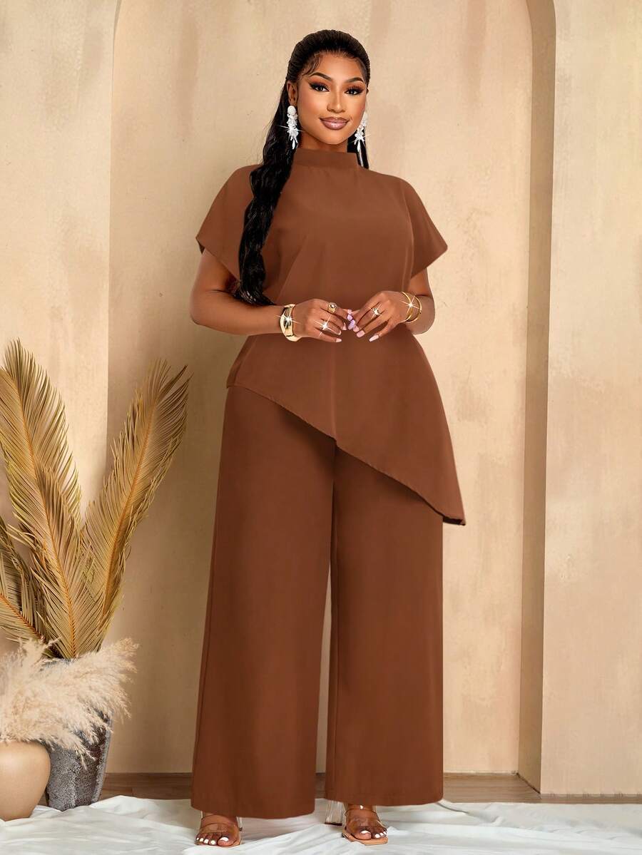 BIUBIU 大码女式纯色立领短袖不对称下摆上衣和直筒裤两件套 - 棕色 - 查看 1