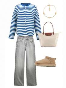 女士简约蓝白条纹休闲开衫，时尚返校风，适合秋冬日常通勤 - 藍白色 - 查看 9