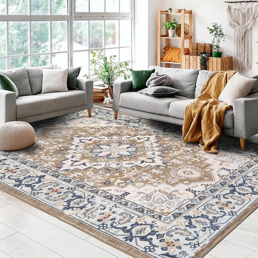 Washable Area Rug 5x7 - Soft Faux-Wool Area Rug Living Room Bedroom, Boho Vintage Floral Medallion Non-Slip Low Pile, Pet Friendly, Blue White - Brown Beige - View 1