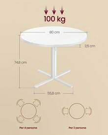 VASAGLE Tavolo da Pranzo Rotondo, Tavolino da Cucina per 4 Persone, Stile Rustico, Piano Resistente all'Acqua, diam. 80 cm, Altezza 74,8 cm, Sala da Pranzo, Soggiorno, Bianco Neve - Bianco - Visualizzare 5