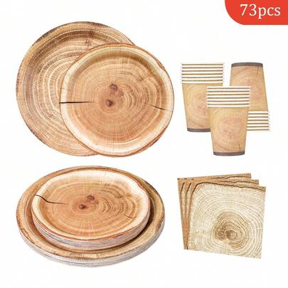 16pcs Wooden Texture Tree Stump Disposable Plates, Napkins And Cups, Party Supplies Suitable For Birthday, Wedding, Party, Family Picnic