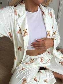 Nina Bonheur 2pcs Women Bear Print Button Front Long Sleeve Pajama Set - Shirt + Drawstring Pants, Cute Sleepwear Suit - Apricot - View 3
