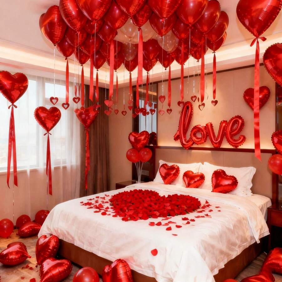 Bộ trang trí bóng bay lãng mạn ngày Valentine, bao gồm 500 cánh hoa hồng đỏ, 20 bóng bay hình trái tim màu đỏ, 1 bóng bay chữ "Love". Thích hợp cho cầu hôn, đính hôn, đám cưới, kỷ niệm, lễ Valentine, tỏ tình, có thể dùng làm phông nền trang trí cho nhiều dịp khác nhau. Chất liệu giấy bạc, không cần điện. - Đỏ - Xem 1