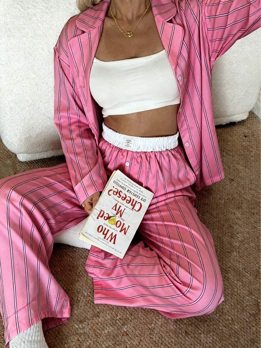 Nina Bonheur 2pcs Women Loose Comfortable Breathable Striped Long Sleeve Top & Pants Lounge Set, Winter Clothes - Watermelon Pink - View 1