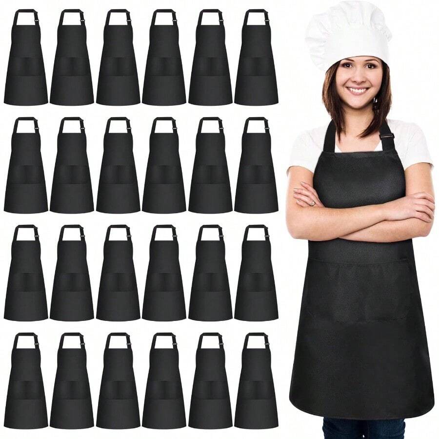 24 Pack Adjustable Bib Apron With 2 Pockets Black Aprons Bulk For Server Adult Women Kitchen Apron Water Oil Resistant Perfect For Restaurant Staff Home Cooks And Food Service Workers In Commercial Kitchens Durable And Practical Design With Easy-Clean Fabric For Daily Use - màu đen - Xem 1