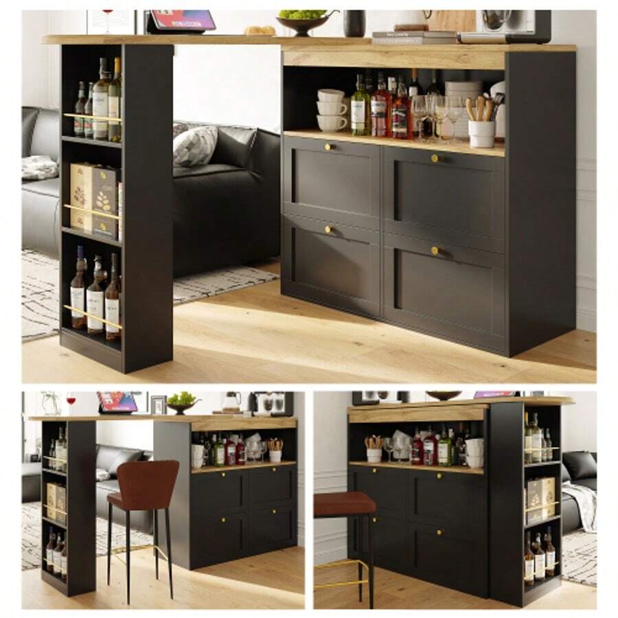 Um 360° Drehbarer Bartisch (Hauptkörper 105 X 39 X 102 Cm), Mit 4 Schubladen Und Offenen Ablagen, Geeignet Für Esszimmer/Arbeitszimmer/Wohnzimmer Usw - Black - View 1