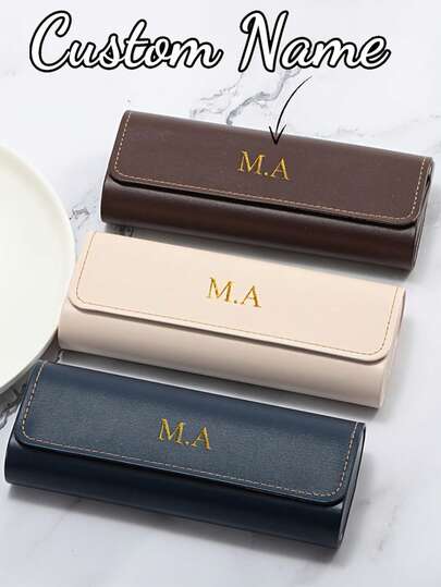 1pc Personalized DIY Gold Name Faux Leather Unisex Eyeglasses Case, Portable & Durable Eyewear Storage Bag, Customized Sunglasses Case, Mother's/Father's Day Gift For Mom/Dad