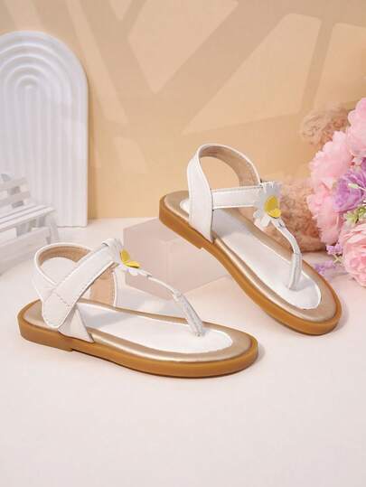 1 Pair Girls' Bicolor + 3D Daisy Decor Soft Fabric Non-Slip Durable + Breathable Comfortable Thong Low-Top Adjustable Strap Flat Sweet Daisy Style Girls Sandals, Suitable For Summer Outings/Beach