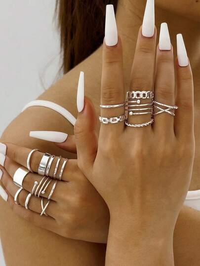 16pcs/Set Minimalist Geometric Line Design Personalized Rings, Creative Vintage Style Multiple Rings Set For Women, Suitable For Daily Wear, Casual, Party, Gift