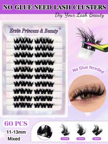 60 Pcs D-Curl No Glue And No Remover Need Self Adhesive Lashes Cluster Fluffy 11-13mm Mixed Lengthes Kit, No Glue Needed Fluffy Individual Lashes Self Adhesive DIY Eyelashes Extension Pre-Glued Cluster Lashes Natural Wispy Lashes Extension C Curl Lash Clusters No Glue Need No Remover False Eyelashes - D - View 5