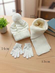 3 delar/set för barn, unisex, stickad mössa + handskar + halsduk, 3 delar, varmt vinterset, koreansk stil - 3-delad pom-pom-version - Visa 7