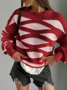 FOR BEAUTY 女士圆领波浪条纹撞色长袖针织衫，女士时尚宽松舒适多巴胺色系约会之夜灯笼袖套头毛衣，女士针织衫，新年毛衣 - 紅色 - 查看 2