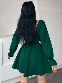 Gaun Mini Polos Kasual Wanita Elegan untuk Musim Semi - Hijau - View 3