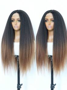 黑色Yaki直发合成蕾丝前假发，13x4蕾丝前假发，适合渐变染发，预挤压成型，24英寸自然色 - 間色 - 查看 5