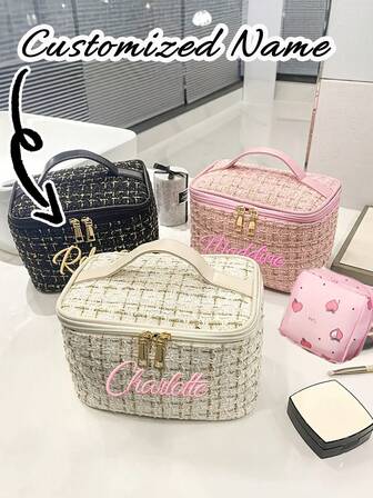 Customized Embroidery Name Elegant High-End Checkered Makeup Bag - Large Capacity Multi-Functional Travel Organizer Travel Storage Bag | Stylish Spacious Organizer With Golden-Tone Hardware, Durable Fabric & Rayon Lining, Perfect For Holidays, Cosmetics, Toiletries & Accessories, Makeup Travel Bag, Holiday Essentials Carrier, Stylish Checkered Design, Sturdy Handle Design,Suitable For Travel Storage Toiletries Bag
