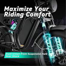 Electric Bike For Adults, 750W Motor 50KMH, 48V 16Ah Battery, 20" Fat Tire Full Suspension Mountain Bicycle, 7 Speed Ebikes - màu đen - Xem 5