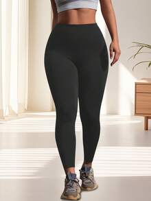 大码女式高腰塑形打底裤，休闲舒适，带口袋，女式长裤，口袋打底裤，高腰健身七分裤，纯色修身裤，黑色打底裤，曲线裤，适合所有季节的女式慢跑裤 - 黑色 - 查看 6