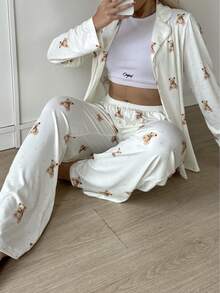 Nina Bonheur 2pcs Women Bear Print Button Front Long Sleeve Pajama Set - Shirt + Drawstring Pants, Cute Sleepwear Suit - Apricot - View 6