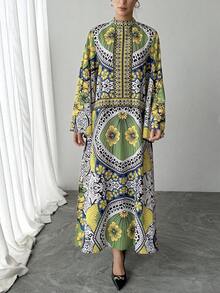 1 chiếc đầm nữ, in hoa toàn thân, tay áo hình lá sen lớn, khóa kéo sau, đầm dài màu vàng kiểu dáng thường ngày, đầm Ả Rập thanh lịch dành cho nữ, đầm dạ hội sang trọng cho các lễ hội và kỳ nghỉ, trang phục Ả Rập, áo choàng dài mùa thu đông cho nữ dịp Eid - Màu vàng - Xem 3