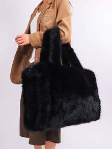 Long Strap Faux Fox Fur Tote - -Wide Large Capacity Tote Bag - Black - View 3