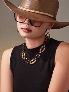 1 Set de joyería vintage con estampado de leopardo, que incluye pulsera de acero inoxidable con nariz de cerdo de resina, aretes y collar, un diseño único - Dorado - Ver 4