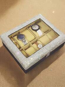 1pc Luxury Sparkling Artificial Rhinestone Watch Storage Box With Lid, Dust-Proof Large Capacity Display Case For Watches, Bracelets, Cosmetics, Men's & Women's Watches, Gift - Silver - View 5