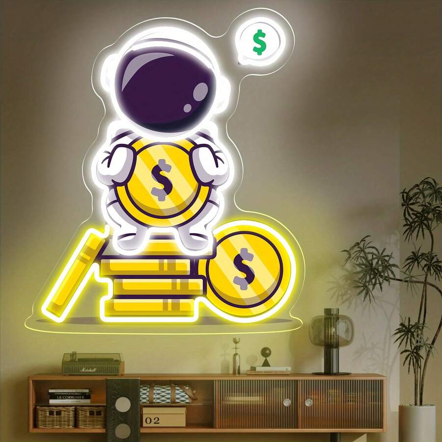 Astronaut Neon, USB Powered Dimmable LED Light, Suitable For Home Wall Decoration, Home Desktop Decoration, Shops, Game Rooms, Bars, Birthdays, Promotions - Phi hành gia cầm tiền - Trắng + vàng chanh 35,5*30,5cm - Xem 1