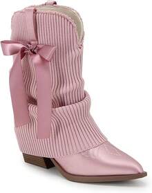 Western Ankle Boots For Women Fold Over Cowgirl Satin Booties Pointed Toe Cowboy Booties Pull On Chunky HeelChristmas - 粉色 - 查看 7