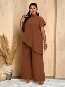 BIUBIU 大码女式纯色立领短袖不对称下摆上衣和直筒裤两件套 - 棕色 - 查看 4