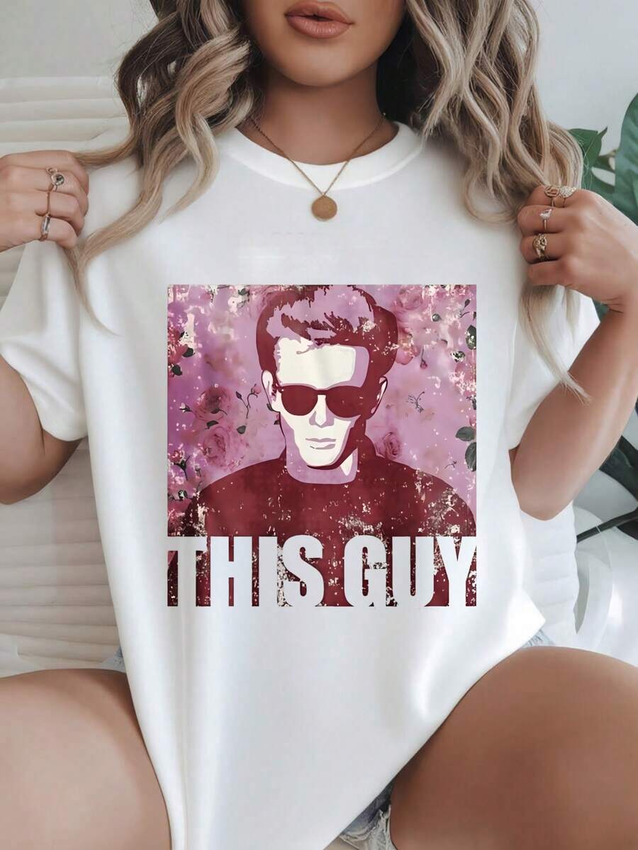 This Guy With Sunglasses And Floral Background Women's Fashionable Print Casual T-Shirt Suitable For All Seasons
-White - 白色 - 查看 1