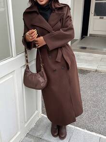 Seelio Autumn/Winter New Women's Fashion Classic Double-Breasted Windbreaker Coat Woolen Overcoat - Brown - View 6