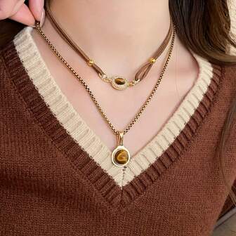 2pcs/Set Vintage Tiger Eye Stone Pendant Multilayer Necklace, Casual & Versatile Choker Necklace For Women