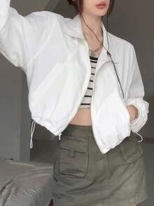 Chaqueta con cuello alto y protección solar para mujer Chaqueta deportiva corta de manga larga con cremallera y cordón ajustable para el verano Chaqueta corta y ligera para mujer Prenda exterior versátil, transpirable y con protección UV para el verano, recién llegada Prenda con cuello alto y protección solar - Blanco - Ver 4