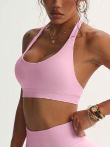 Women's Solid Color Quick Drying Comfortable High Elasticity Bra, Suitable For Yoga, Girls' Gym Exercise, Pilates Exercise, All Season Knitted Camisole Women's Underwear, Giving You The Best Exercise Experience, Women's All Season Sports Underwear - 粉色 - 查看 1