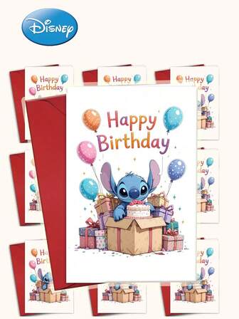 Disney 1/4/6张迪士尼史迪奇生日贺卡 - 可爱的卡通设计，优质纸张，色彩鲜艳，印刷清晰，适合用作生日贺卡、儿童节礼物、派对贺卡或贴心便条。