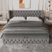 Upholstered Bed In An Ear Shape. Double Row Of Flannel Rivets, Buttoned Seams At The Head And Foot Of The Bed, Double Bed 140*200. Functional Hydraulic Bed. The Slatted Base Is Covered In Black, Stain-Resistant Fleece, Grey. - Grey - View 12