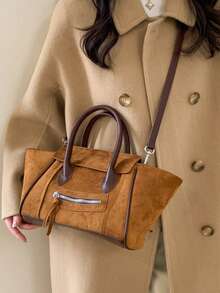Vintage Solid Color Matte Commuter Handbag For Women, Large Capacity Wing Shoulder Crossbody Bag, Autumn/Winter