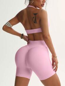Wrinkle-Free Yoga Set, Women's Sportswear With Impact Force, Gym Shorts And Sports Bra 2-Piece Set, Suitable For Fitness Training High-Waisted Running Short - 粉色 - 查看 2