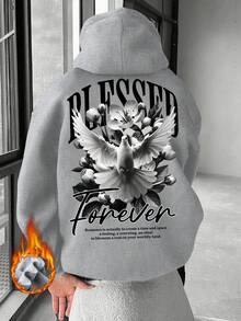 K-GLORY Men's Hoodie, New Autumn/Winter Street Style Peace Dove & English Slogan Print Thermal Lined Pullover Sweatshirt - Grey - View 3