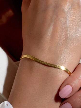 1pc Popular Minimalist Stainless Steel Blade Chain Bracelet, Women's Simple Flat Snake Chain Bracelet, Waterproof & Fade-Resistant