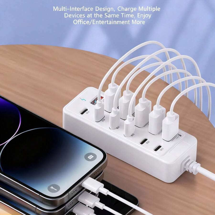 WOWSSYO 8合1 25W 插座轉接器，4個USB接口 + 4個Type-C PD快充接口電源集線器，快充Type-C多插孔/多輸出插座，USB集線器，USB轉接器，USB-C集線器，USB集線器/多端口集線器，適用於、兼容筆記本電腦、手機、平板電腦、遊戲主機及其他設備。數據線 數據線