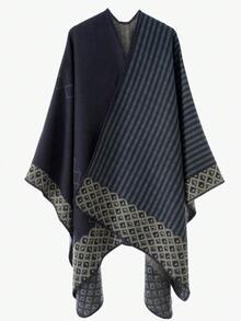 1pc Fashionable Grey Striped Patchwork Warm And Windproof Scarf, Suitable For Autumn/Winter Outings - Navy Blue - View 4