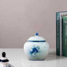 QY- 5 Inches Ginger Jar Lid - Blue Fish Decorative Ceramic Ginger Jar Vase With Lid Chinoiserie Gift Koi Decor Small Jars For Home Decor/Jewelry/Tea/Coffee Beans/Storage -6459 - 藍色 - 查看 4