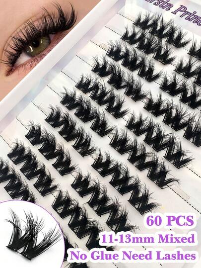 60 Pcs D-Curl No Glue And No Remover Need Self Adhesive Lashes Cluster Fluffy 11-13mm Mixed Lengthes Kit, No Glue Needed Fluffy Individual Lashes Self Adhesive DIY Eyelashes Extension Pre-Glued Cluster Lashes Natural Wispy Lashes Extension C Curl Lash Clusters No Glue Need No Remover False Eyelashes